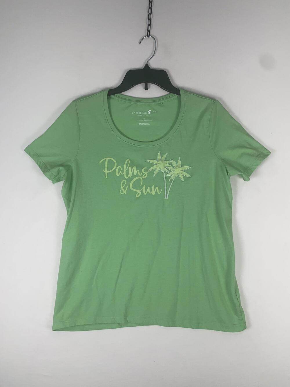 Caribbean Joe T-shirt Womens Medium Green Palms & Sun Graphic Scoop Neck Top